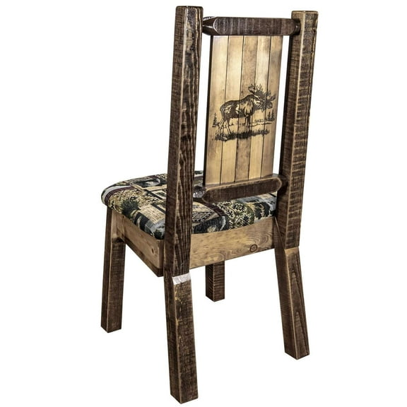 Homestead Collection Side Chair - Woodland Upholstery w/ Laser Engraved Moose Design, Stain & Lacquer Finish