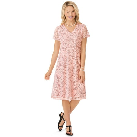 Fully Lined Lace Suit (Women's V Neck All Lace Short Sleeve Dress, Just Below the Knee Hemline and Fully Lined, X-Large, Blush - Made in the)