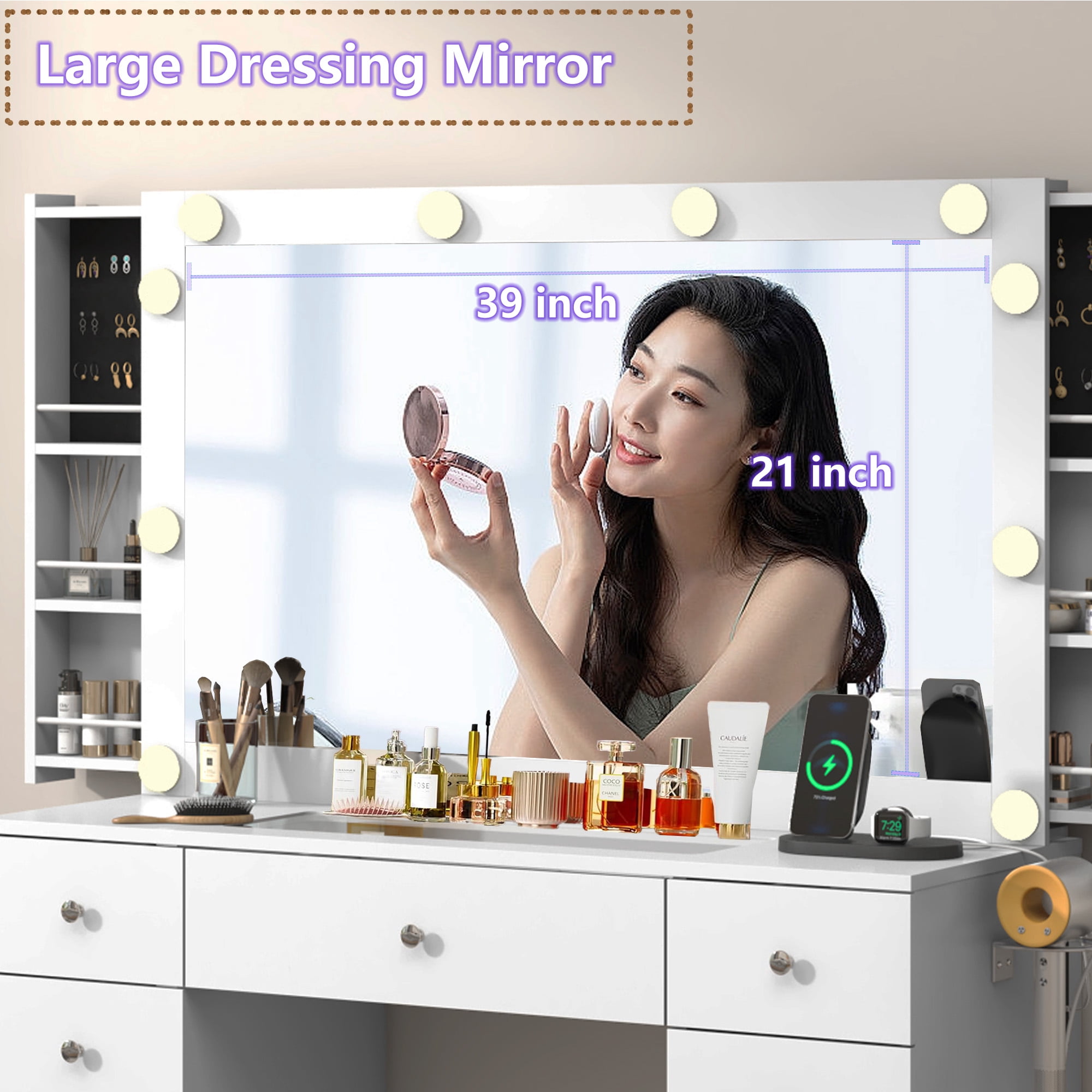 White Vanity Desk with Large Lighted Mirror & Power Outlet, Makeup Vanity Table with Glass Top & Drawers, Sliding Storage, Vanity Set with Storage Stool