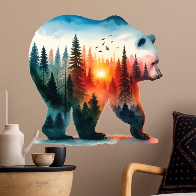 Adhesivo de pared con diseño de acuarela, diseño de oso, bosque y puesta de sol, 30 x 59 cm