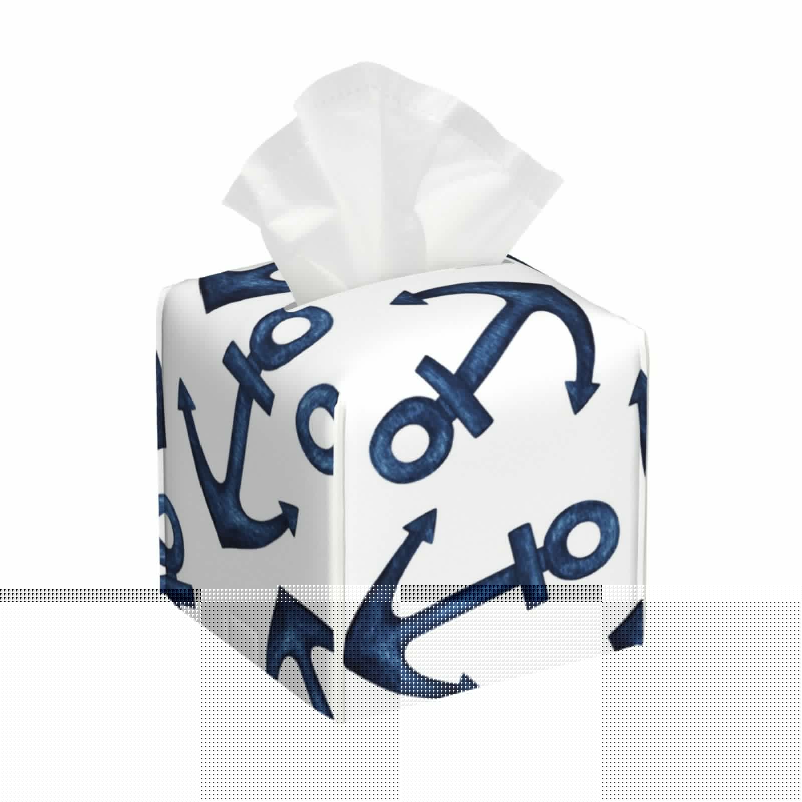 Kdxio Navy Blue Anchors Print Tissue Box Cover,Square Decorative PU Leather Facial Paper Case Organizer Holder Dispenser for Bathroom,Night Stands,Desk,Car 5.2''X5.2''X5.2''