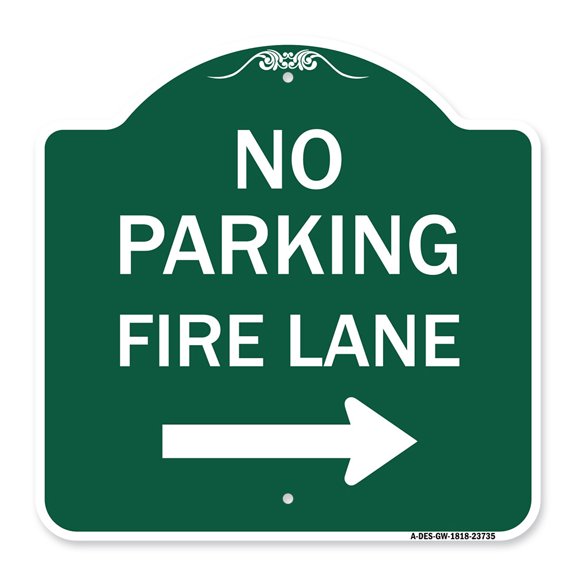 SignMission A-DES-GW-1818-23735 18 x 18 in. Designer Series Sign - No Parking Fire Lane with Right Arrow, Green & White