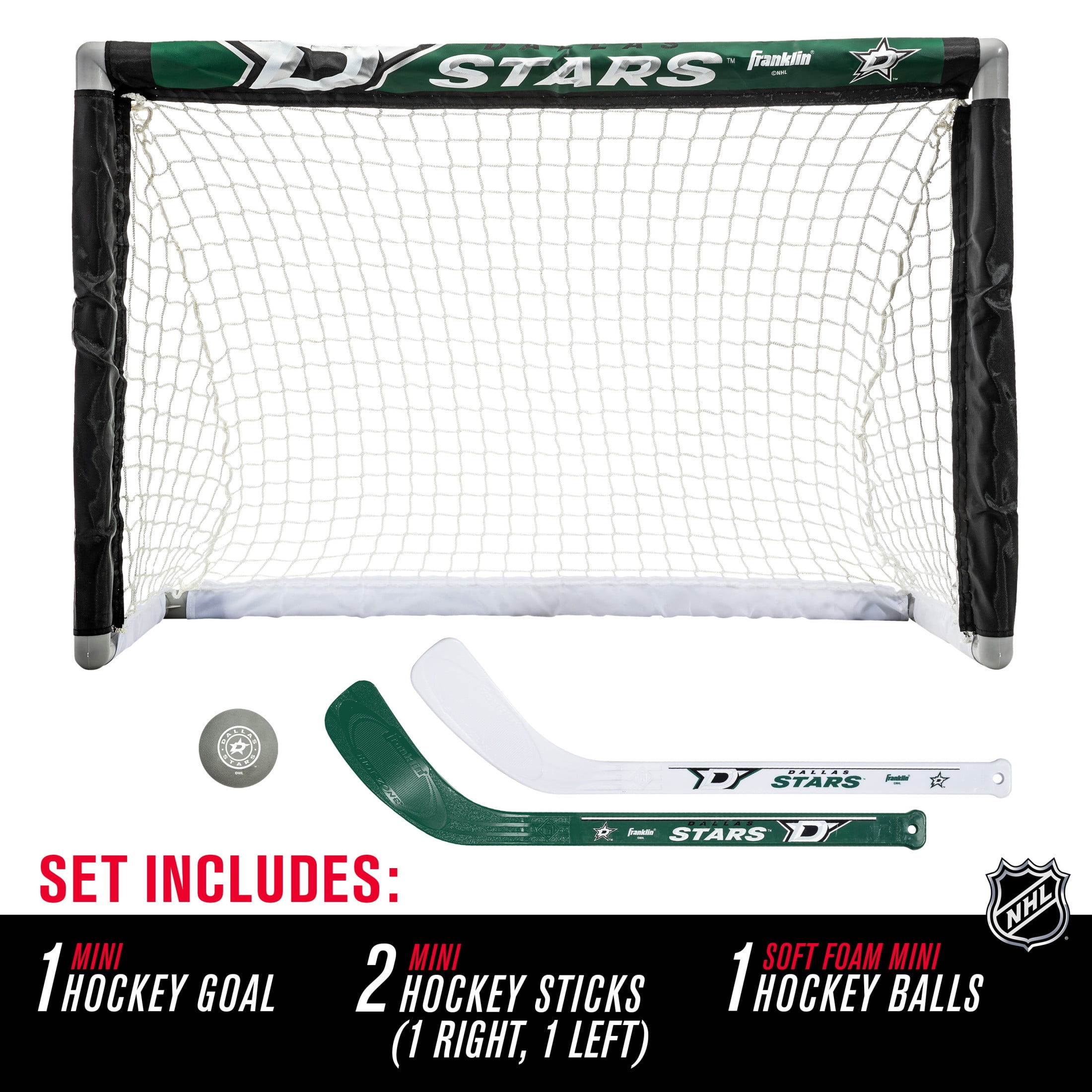 Franklin Sports NHL Dallas Stars Mini Hockey Set - Kids Indoor Knee Hockey Goal, Ball, + 2 Mini Hockey Stick Combo Set - Youth NHL Team Indoor Toy Knee Hockey Sets - NHL Official - Ages 3+