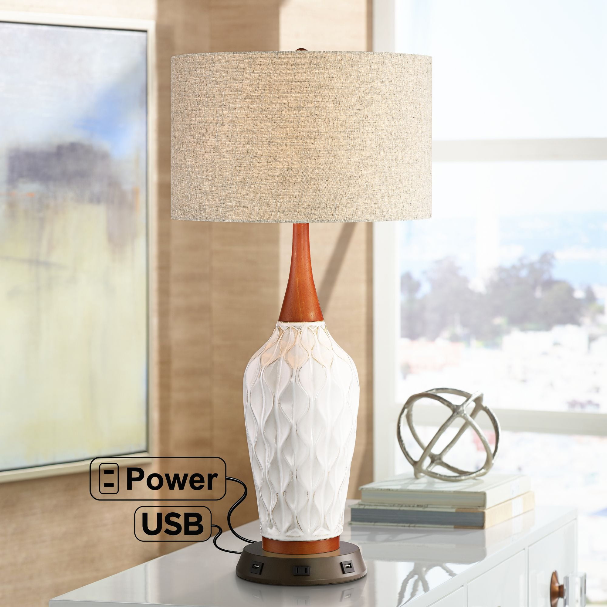 360 Lighting Mid Century Modern Table Lamp with USB and AC Power Outlet