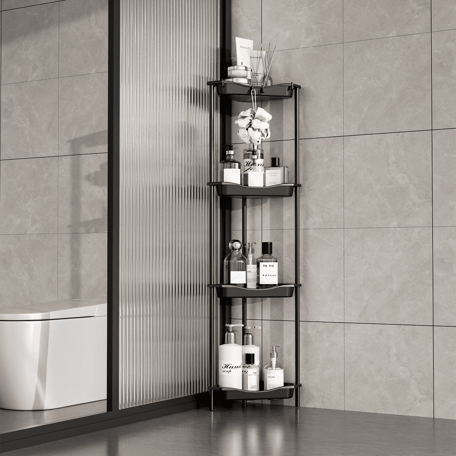 TINANA 4 Tier Floor Standing Corner Shower Caddy Organizer: Reinforced Plastic Shower Shelves with Extra-Tall Storage for Large Shampoo Bottles, Rustproof Bathroom Corner Shelf Rack with Hooks, Black