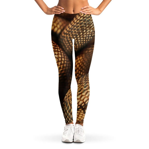 Brown And Black Snakeskin Print Leggings, Snake Sexy Yoga Leggings For Women.