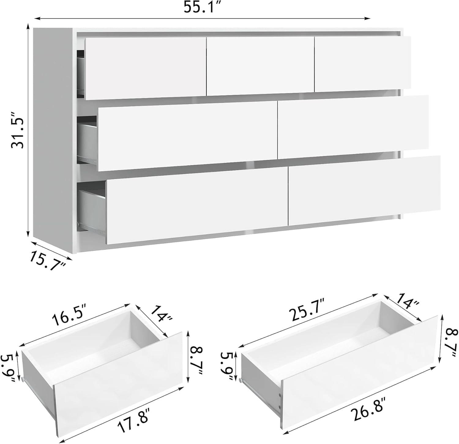 ChVans 7 Drawer Dresser for Bedroom, 55" Modern High Gloss White Dresser with Wood Chest of Drawer Handle Free, Long Dresser for Bedroom, Living Room, Entryway, Hallway