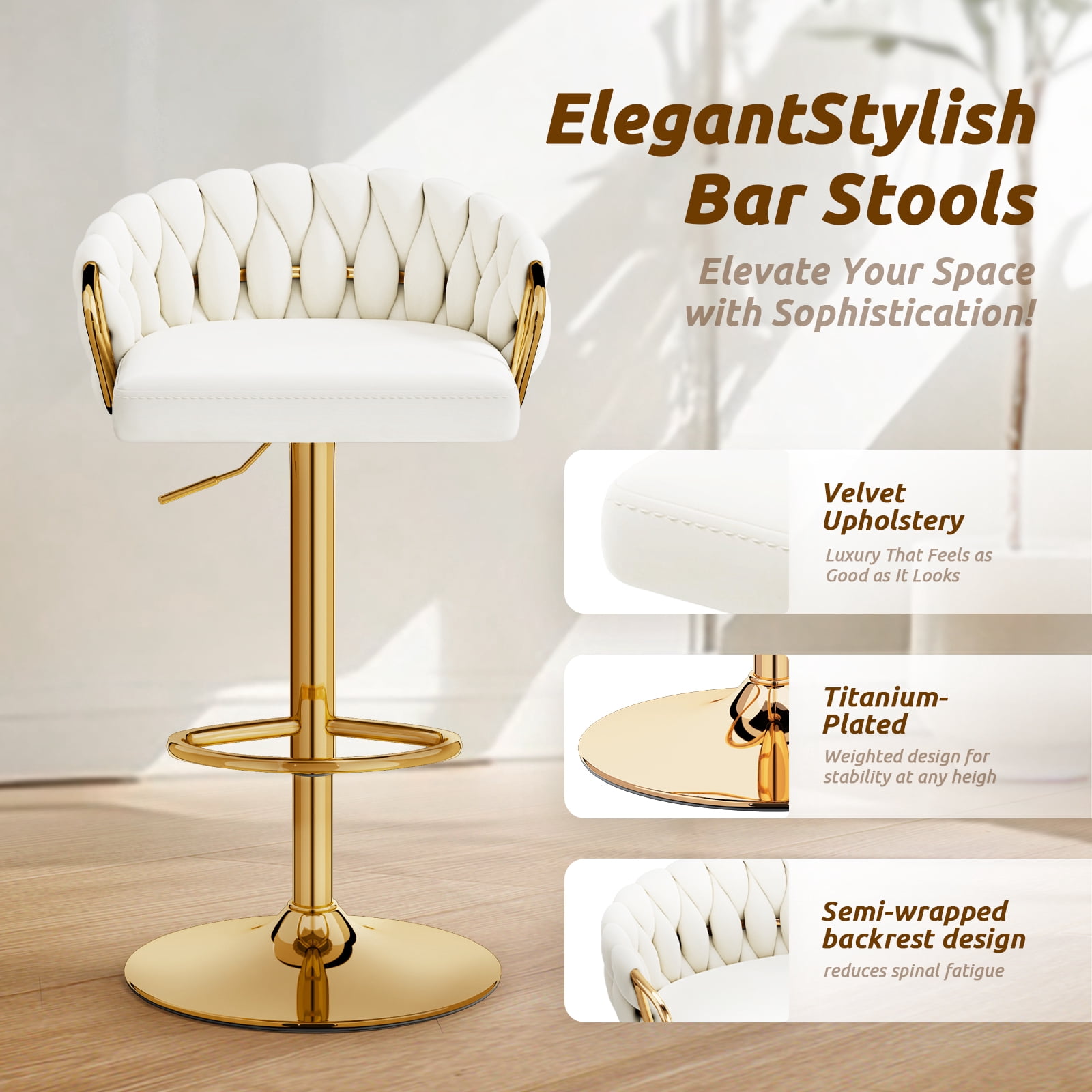 Lessmore Luxury Velvet Swivel Bar Stool Set of 4 - Adjustable Height, Beige, Gold Base