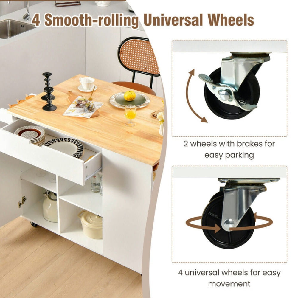 Finihen Rolling Storage Cabinet Cart, Kitchen Island Cart, Drop-Leaf Kitchen Island with Rubber Wood Top, for Kitchen, Dining Room, White Finihen Rolling Storage Cabinet Cart, Kitchen Island Cart, Drop-Leaf Kitchen Island with Rubber Wood Top, for Kitchen, Dining Room, White