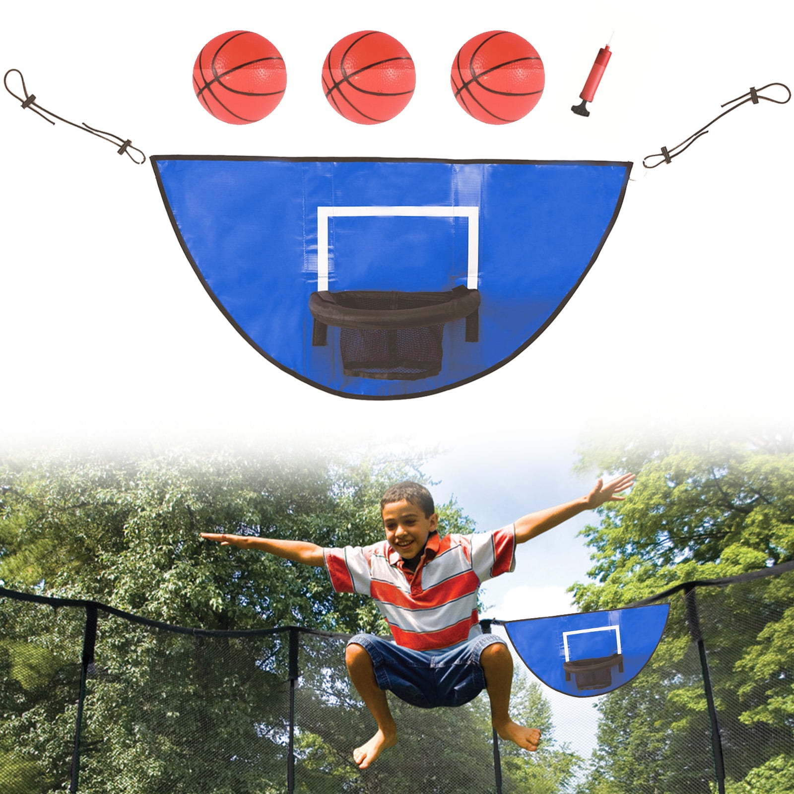 Trampoline Basketball Hoop with 3 Mini Basketball, Pump and Adjustable Length Drawstring, Waterproof Universal Basketball Hoop for Trampoline