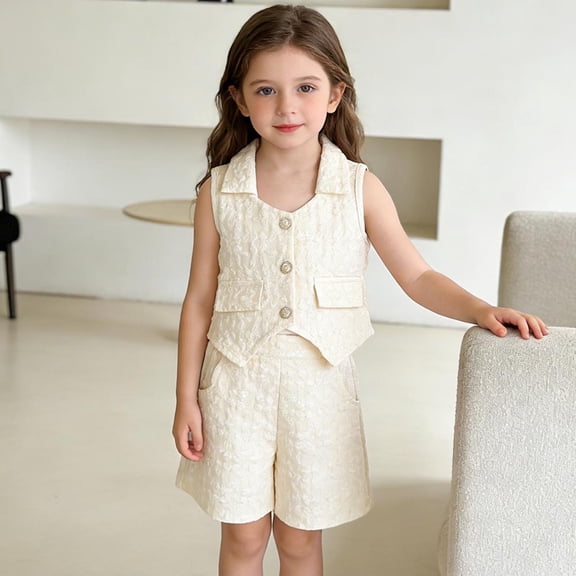 ITSAME Kids Girls Outfits 2-Piece, Lapel Button Up Vest and Shorts Summer Fashion Casual Clothes Set Yellow Size 3-4