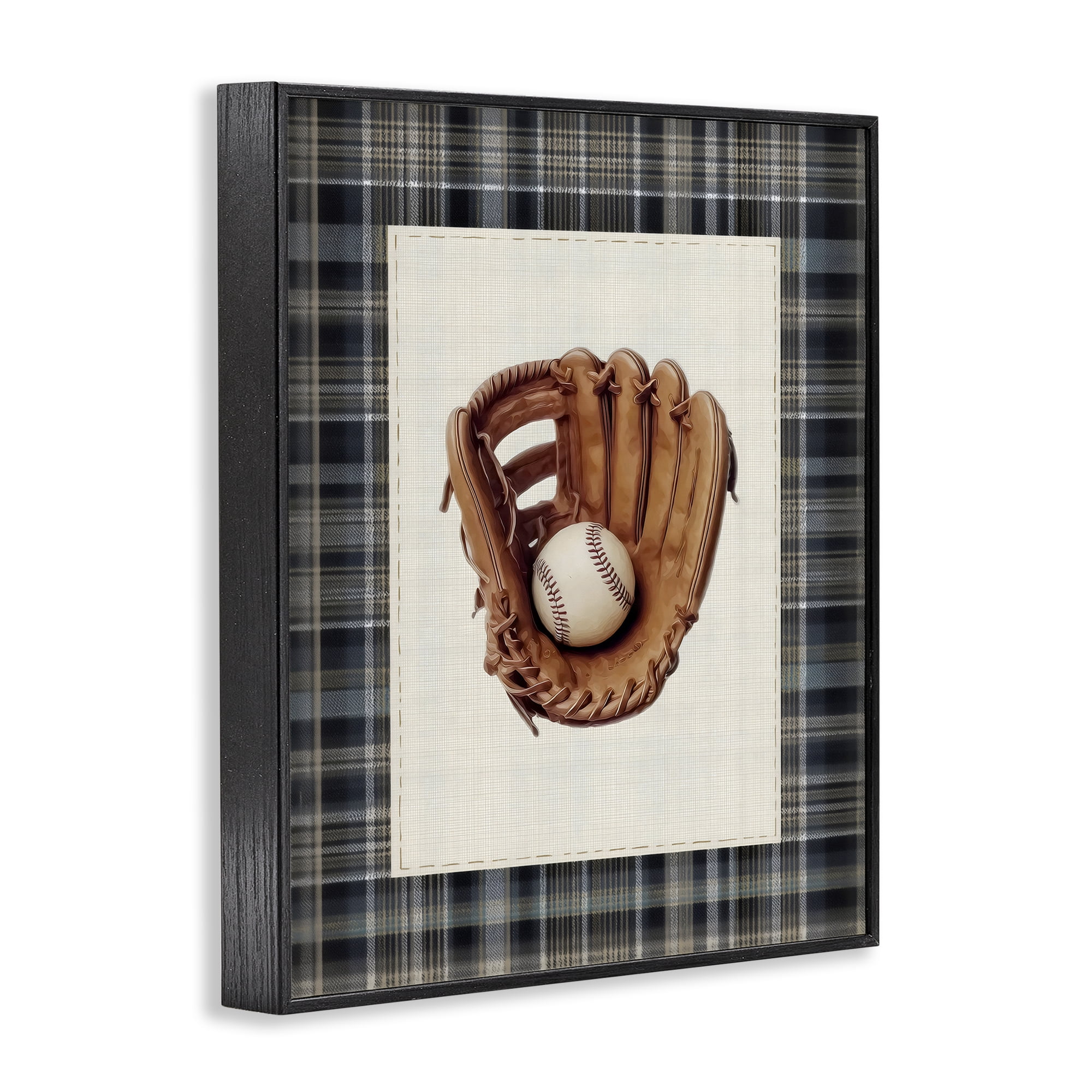 Stupell Industries Baseball Glove with Plaid Black Framed Giclee Art, design by Arlington Prints