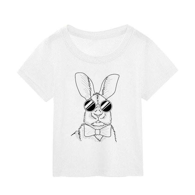 Girls T shirts Summer Easter Cartoon Bunny Print Short Sleeved Rabbit Graphic Baby Girls Clothes White 5-6 Years