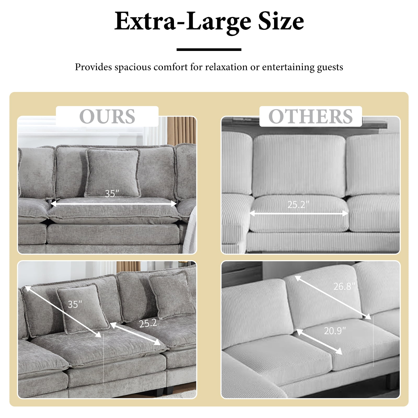 111.5” Gray Modular Sofa, 3 Seater U Shaped Chenille Sectional for Living Room, Cloud Couch with Ottoman, Sofá moderno