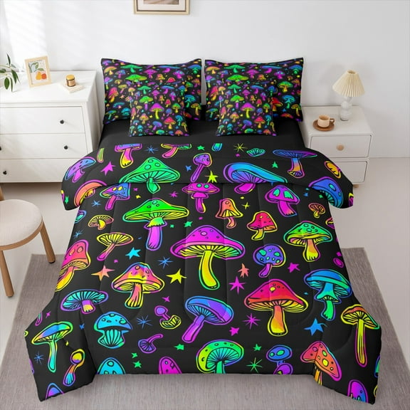 Manfei Colorful Mushroom 7-Piece Twin Bedding Sets,Fern Plant Bedding Comforter Set,Boho bohemian Theme Sheet Sets For Child,Ultra Soft Home Decor Reversible