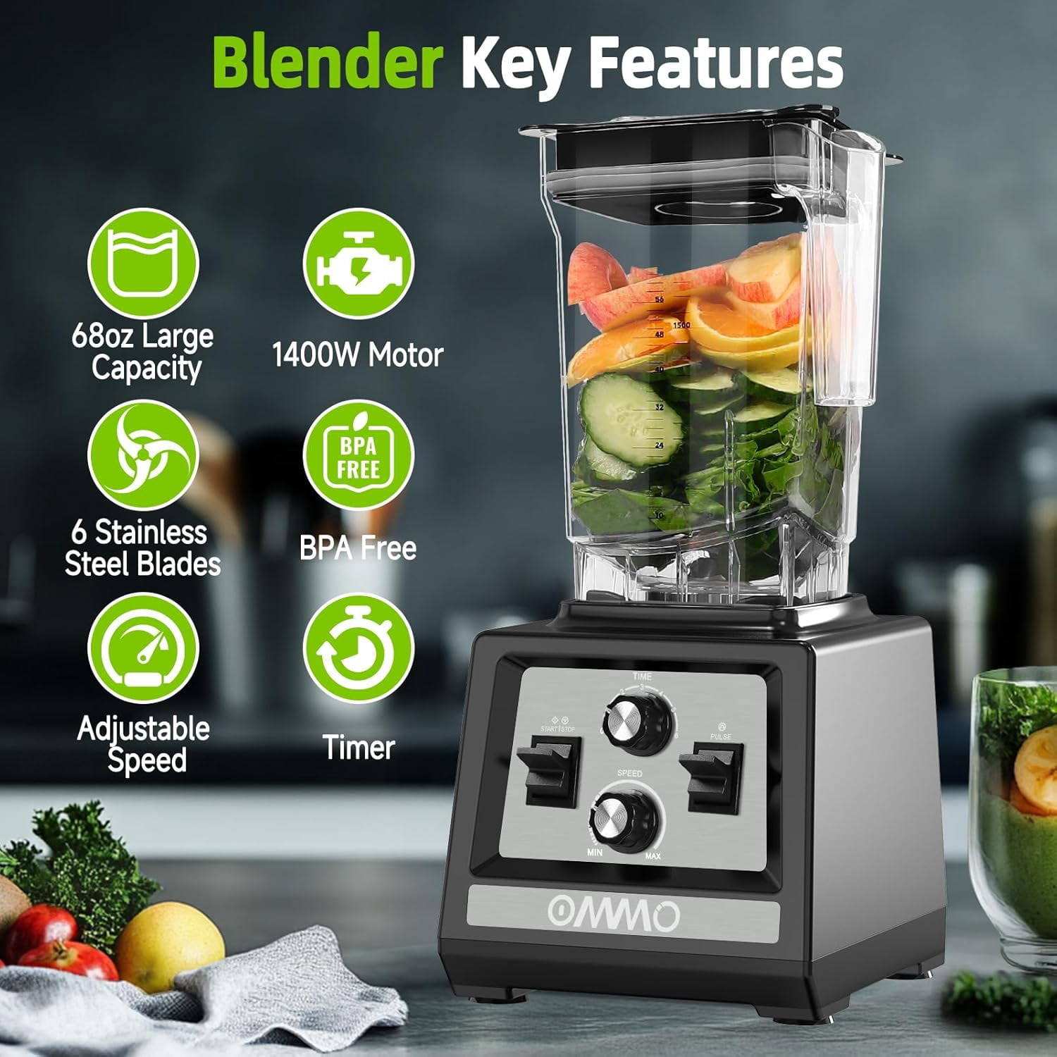 Blender for Smoothies: 1800W Peak Blenders for Kitchen, 68oz BPA-Free Pitcher, Timer & Speed Control, 6 Stainless Steel Blades, Dishwasher Safe Blender for Ice Crush/Smoothies/Frozen Drinks/Grey