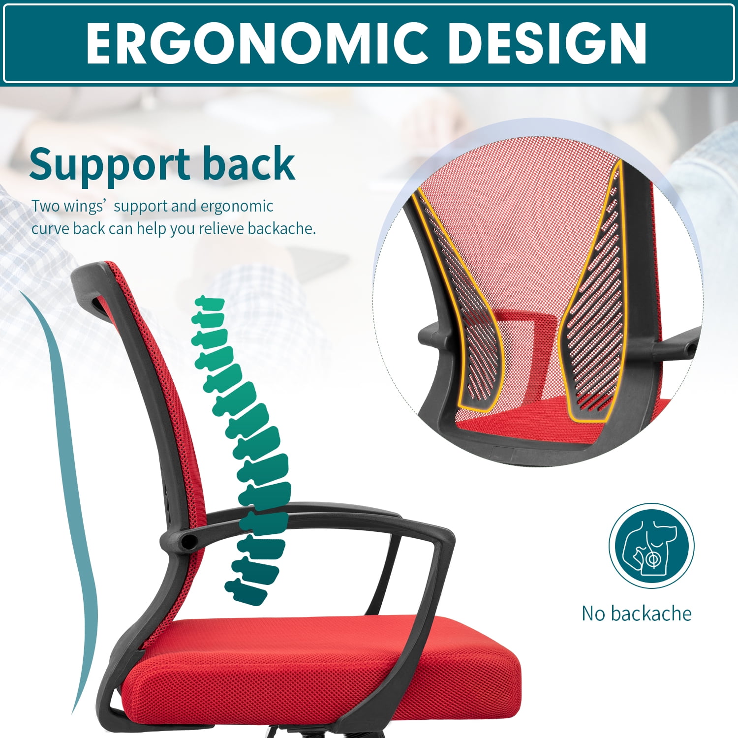 Lacoo Mid-Back Office Desk Chair Ergonomic Mesh Task Chair with Lumbar Support, Red