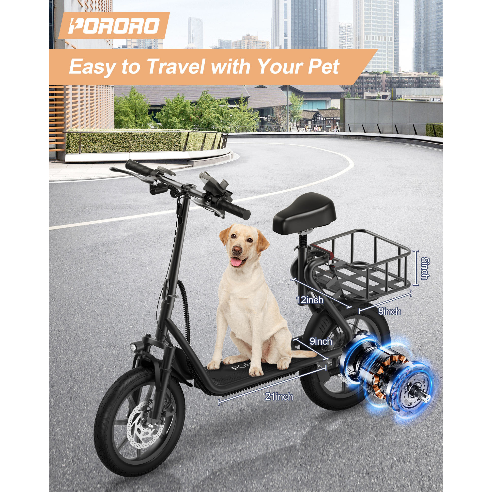 PORORO SLW50 Electric Scooter with Seat for Adults, Max 25 Miles Range with 14" Tires, 500W, 22MPH, Black
