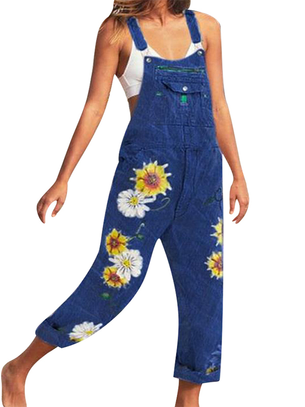 JDinms Women Denim Overalls Jeans Jumpsuit Floral Suspenders Rompers with Pockets - image 1 of 2