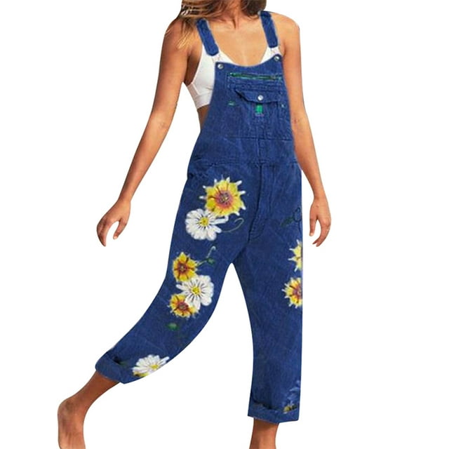 JDinms Women Denim Overalls Jeans Jumpsuit Floral Suspenders Rompers with Pockets