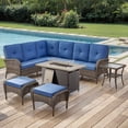 thumbnail image 2 of Parkwell Outdoor Sectional Sofa Furniture Set with Fire Pit Table and Ottoman, Patio Wicker Conversation Set, Brown/Navy, 2 of 12
