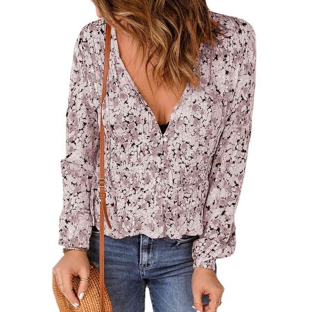 Blusa de mujer de manga larga con cuello en V y dobladillo con volantes florales Top informal para primavera Otoño Niñas Dama