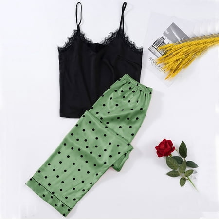 

Miayilima Sleepwear For Women Dot Print Lace Strap Underwear Sleepwear And Long Pants Pajamas 2PC Suits Sets Size XL