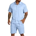 thumbnail image 2 of EliteGoogv Men Two Piece Set Mesh Short Sleeve Shirt And Shorts Casual Outfit For Men Summer Beach Matching Set Light Blue S, 2 of 7