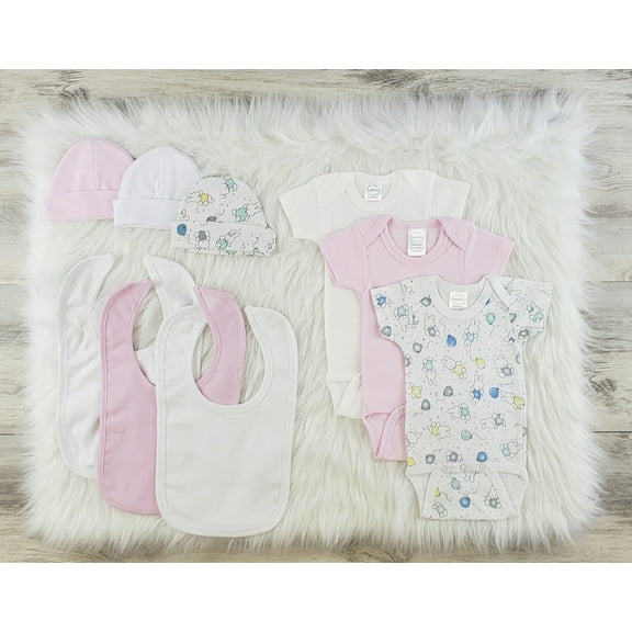Set of 9 Newborn Stylish Pink and White Bambini Layette One Piece, Caps and Bibs