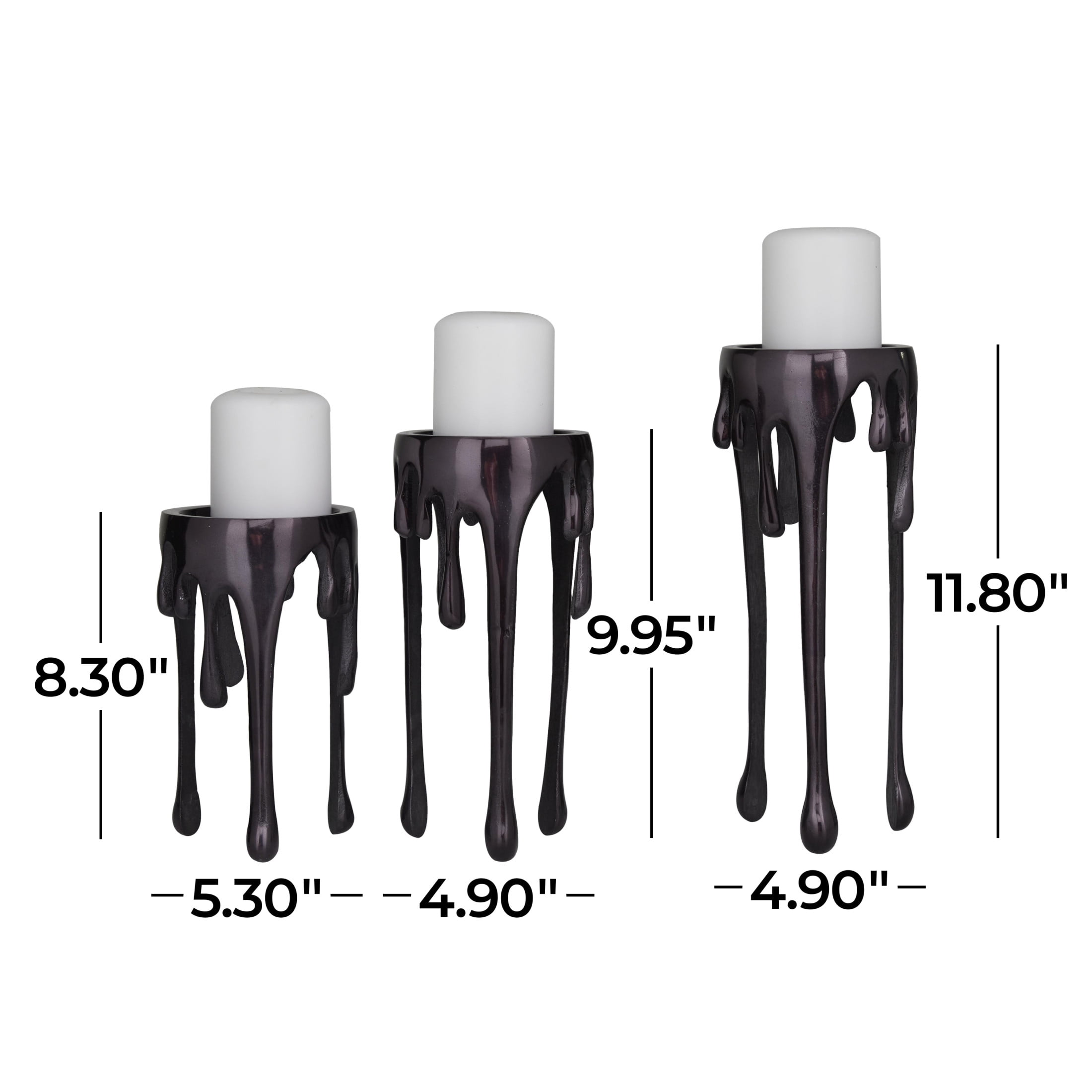 CosmoLiving by Cosmopolitan Contemporary Aluminum 3D Melting Candle Design Candle Holder, Set of 3 12" 10" 8" with Glossy Metallic Black Finish