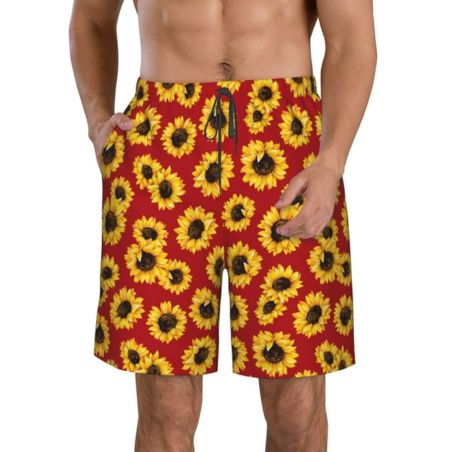 Fotbe Sunflowers On Red Trajes de Baño Estampados para Hombre, Shorts de Verano de Secado Rápido, Ropa de Playa, Bañadores-3X-Large