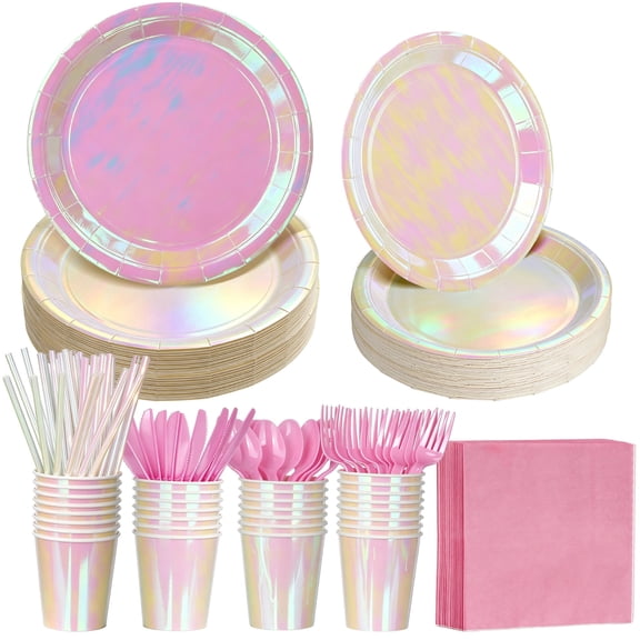 KIMERSE 250 Iridescent Party Tableware Set Serves 30 Pastel Rainbow Holographic Disposable Plates Cups Straws Cutlery Napkins for Birthday Wedding Party Supplies