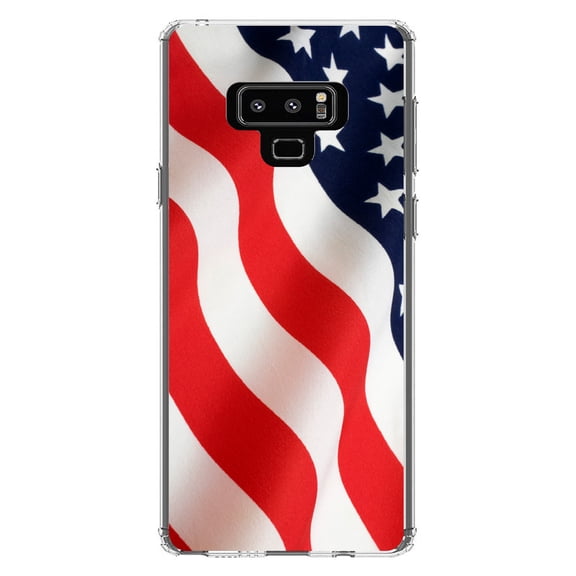 DistinctInk Clear Shockproof Hybrid Case for Samsung Galaxy Note 9 - TPU Bumper, Acrylic Back, Tempered Glass Screen Protector - Red White Blue United States Flag USA - America