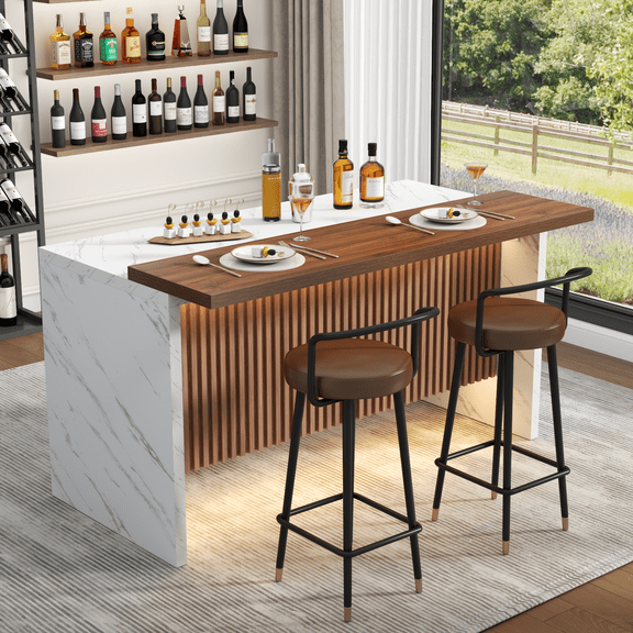 63" Large Marble Bar Table with LED Lights, Modern Freestanding Kitchen Island Table with Grille Design for Living Room & Home Bar, White