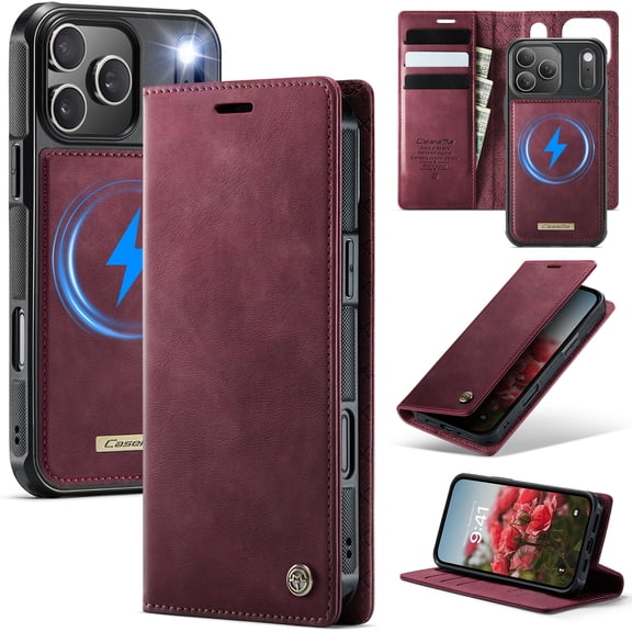 Dteck Detachable Magnetic Phone Case for iPhone 18 Pro, Retro PU Leather RFID Blocking Credit Card Slots Folio Flip Wallet,Red