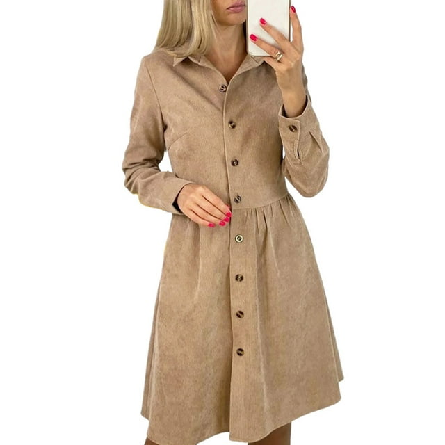 Sexy Dance Robe Mini pour Femmes Col en V Robes Courtes Manches Longues Décontractée Boutonnée Kaki P