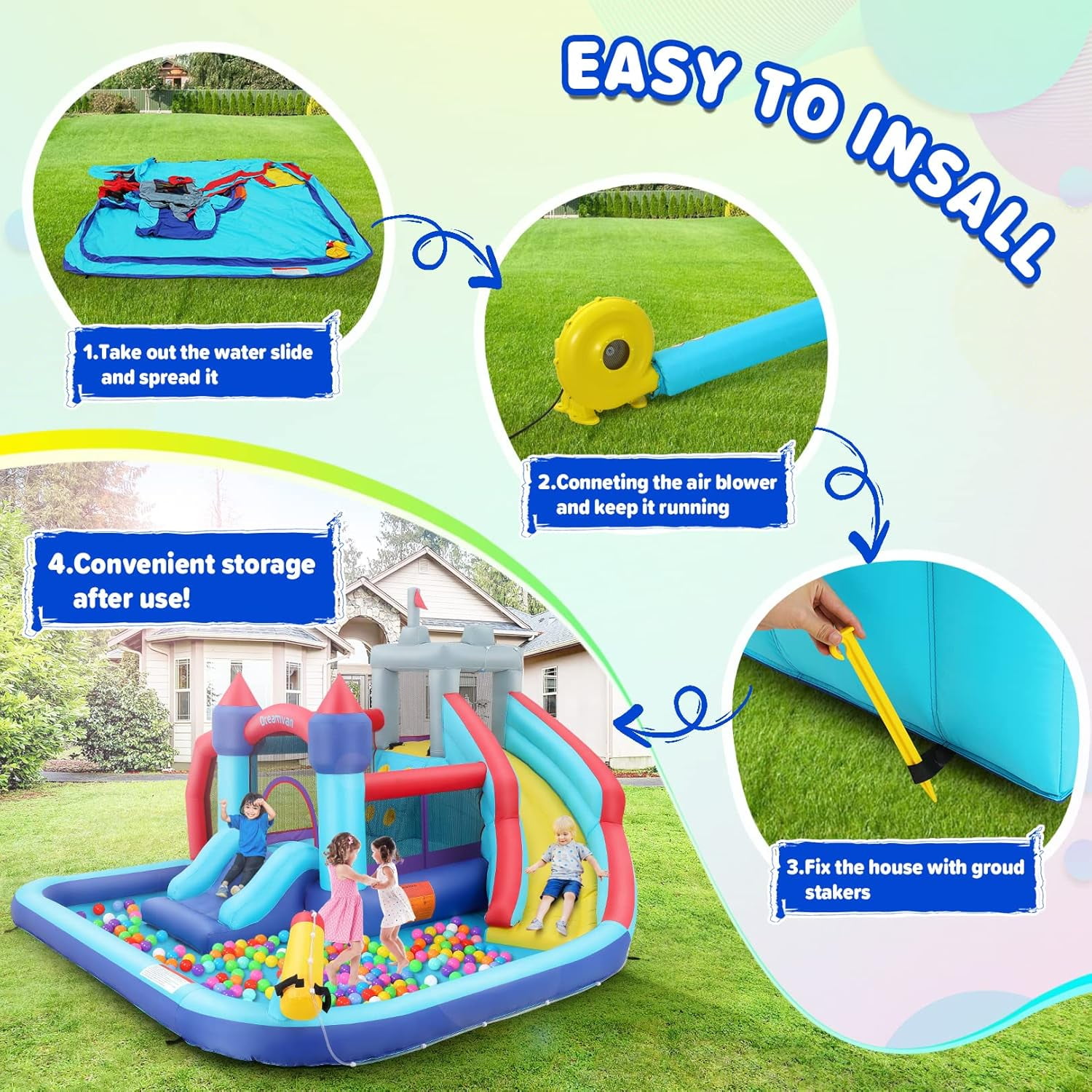 Qhomic Bounce House with 550W Blower, Water Slide with Pool, Climbing Walls, Jump Area, Basketball Hoop, Water Gun, Indoor and Outdoor Inflatable Water Park for kids