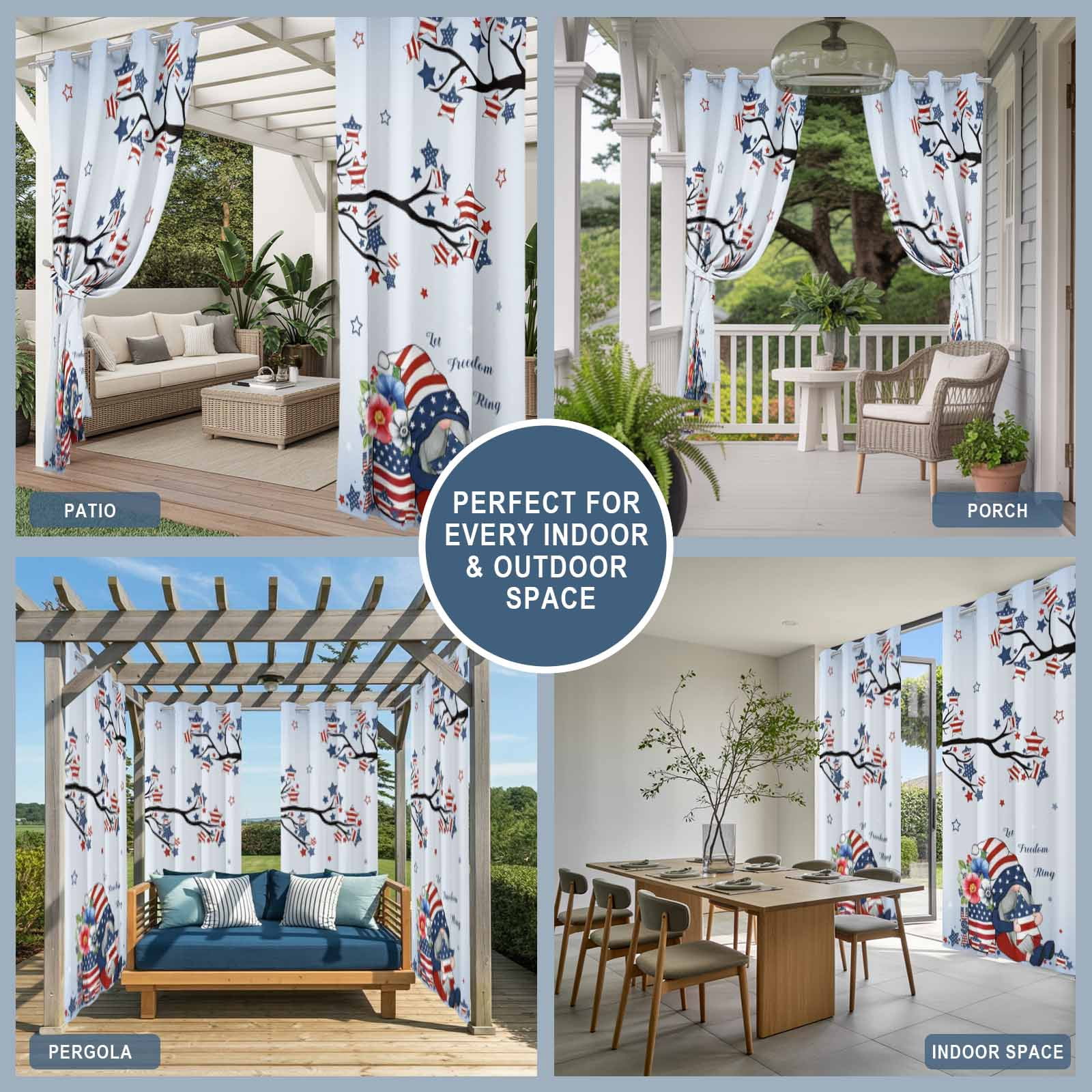 Independence Day Outdoor Curtains for Patio, Patriots Dwarfs US Flag Star Poppy Sunshade Privacy Drapes Grommet Waterproof Outside Curtains for Porch/Cabana/Balcony 54"x 108", 1 Panel