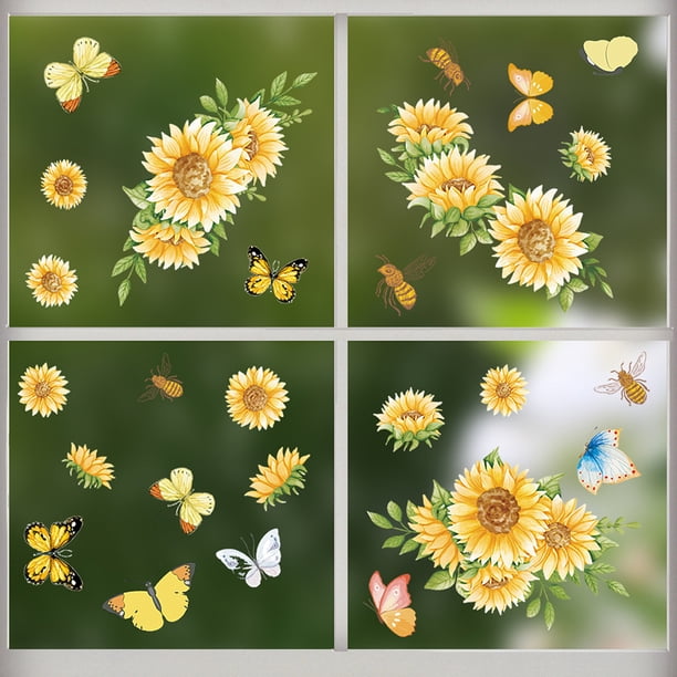 Adhesivos para ventanas de girasol, decoraciones de ventanas de otoño, pegatinas para ventanas, pegatinas de pájaros, adhesivos para ventanas de verano para ventanas de vidrio, adhesivos para