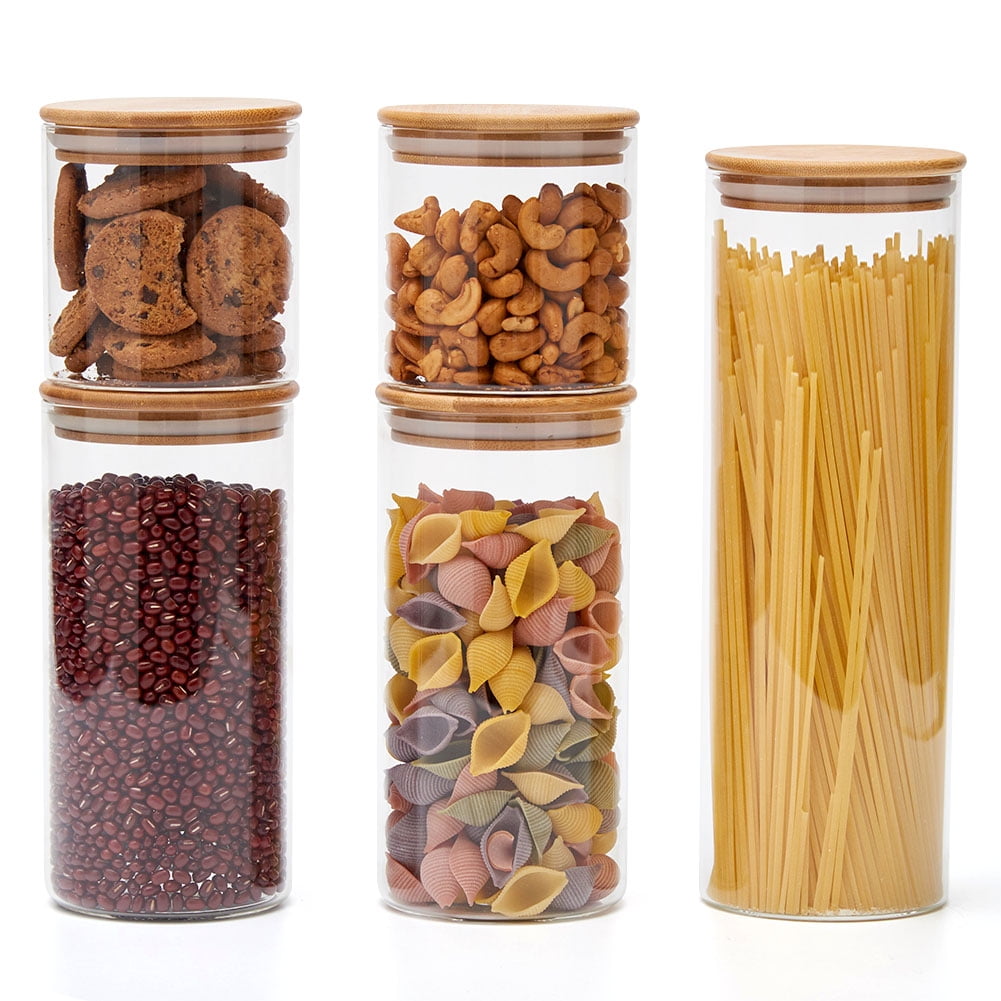 Set Of 2 Glass 1.3L Pasta Rice Food Storage Jar Canister Airtight Jar Bamboo Lid 