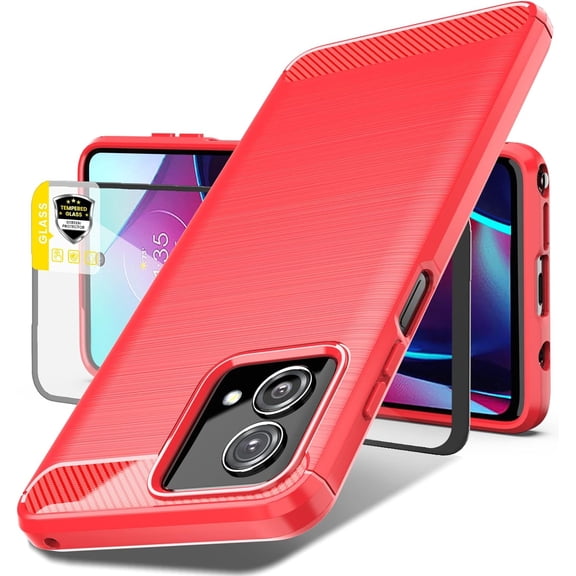 REQO for Motorola G Stylus 5g 2023 Case, Moto G Stylus 5g 2023 Case with Tempered Glass Screen Protector, Shock-Absorption Brushed Flexible Soft TPU Carbon Fiber Protective Cover (LS-Red)