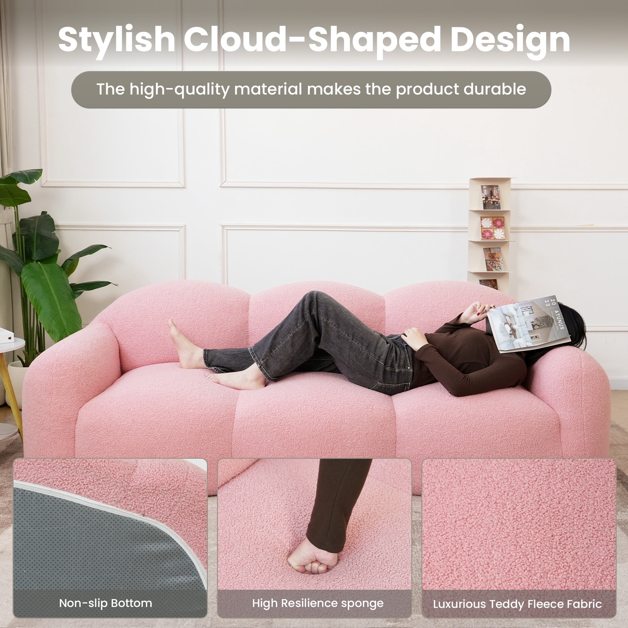 The Magic Home 90" Modern Cloud Couch for Living Room, Boucle LoveSeat 3 Seater Sofa, Plush Floor Sofa Couch for Bedroom, Apartment, Small Space (Pink Couch, No Assembly Required)