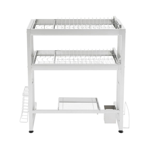 2-Tier Stainless Steel Kitchen Dish Drying Rack - Adjustable, Rust-Proof, Over Sink Storage with Hooks & Baskets, Silver