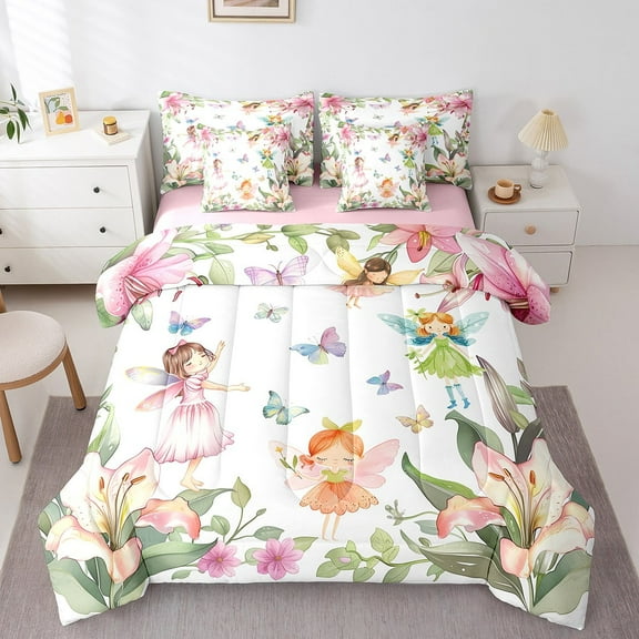 Erosebridal Princess Fairy Elf Bedding Sets Twin Size For Girls,Dreamy Flower Comforter Sets With Sheets,Butterfly Room Decortive,Reversible,Breathable,7Pcs