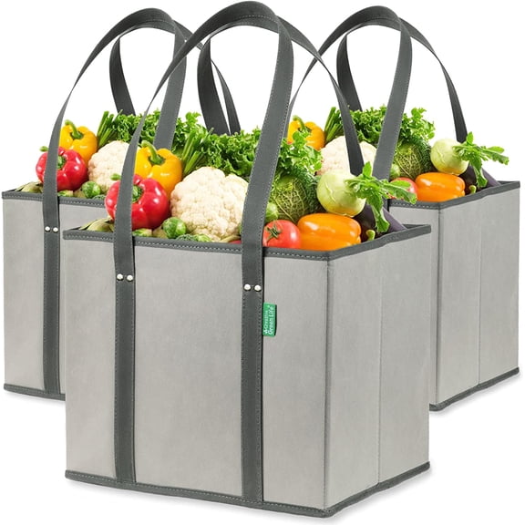 Reusable Grocery Bags (3 Pack) – Heavy Duty Reusable Shopping Bags with Box Shape to Stand Up, Stay Open, Fold Flat – Large Tote Bags with Long Handles & Reinforced Bottom (Gray)