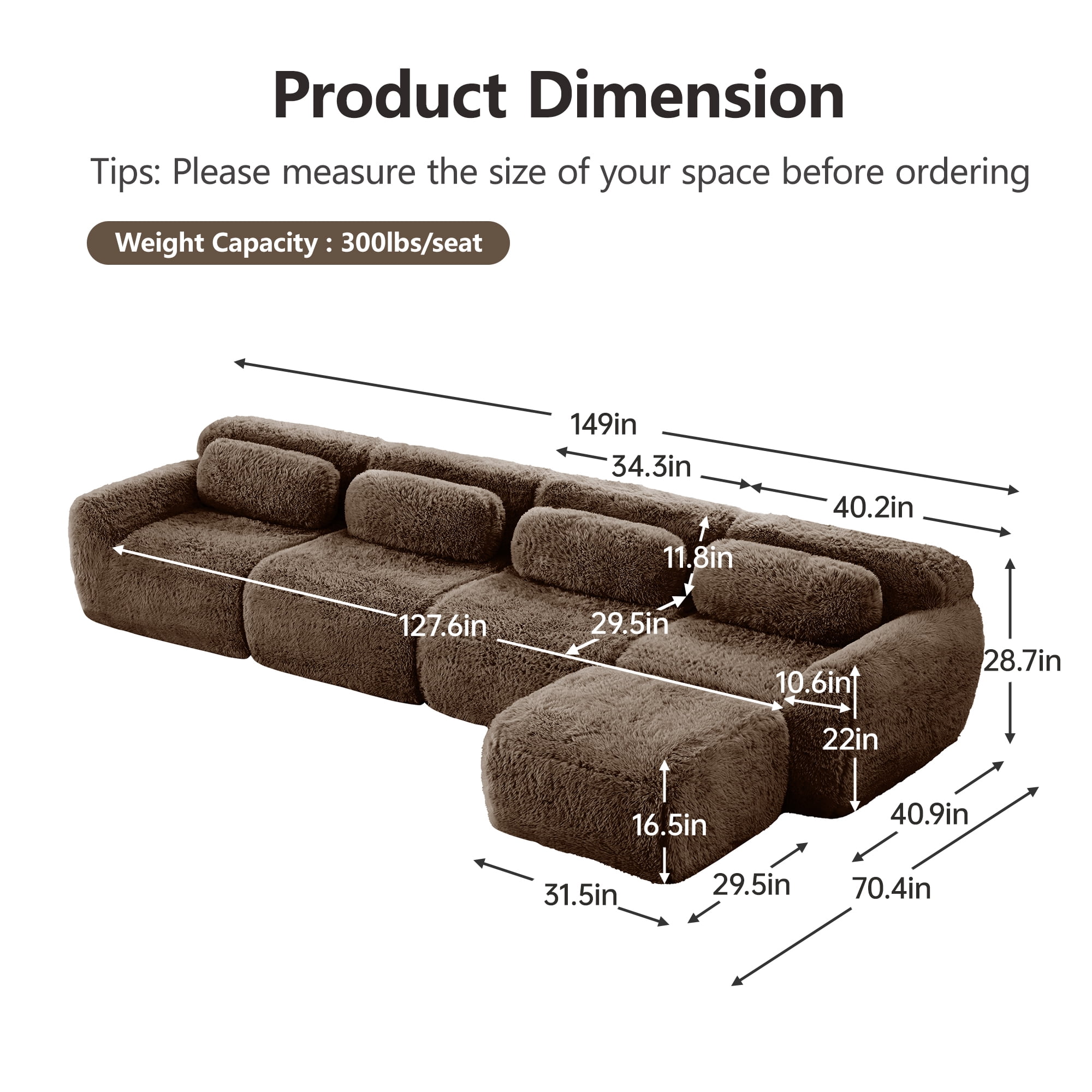 Wakefit 149" Modular Sectional Sofa, Boneless Couche 4 Seater Deep Seat Compressed Sofa, No Assembly Required, Soft Fluffy Plush Fabric, Cloud Comfy Sofa Set with 1 Ottoman, Chocolate