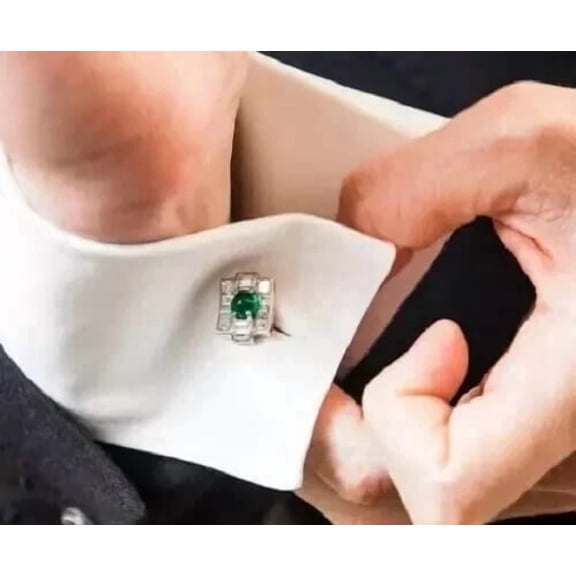 14K White Gold Plated Silver 2Ct Round Cut Lab-Created Emerald Classic Men's Cufflinks