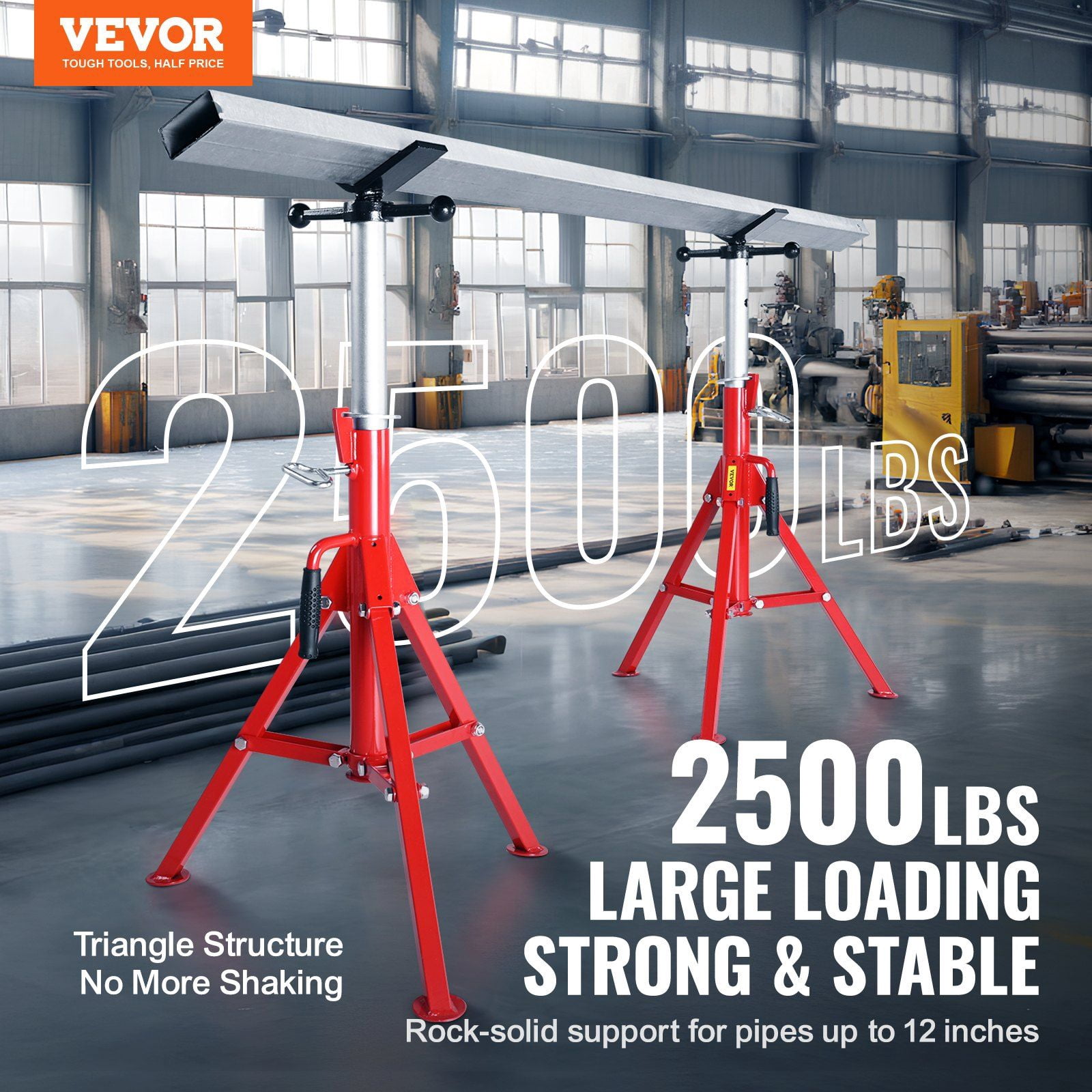 Adjustable Height V Head Pipe Stand 28-52 Inch 2500 LB Capacity Folding Portable Support for 1/2 to 12 Inch Steel Pipe Jack Stands