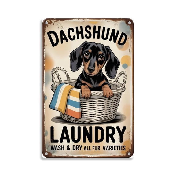 Dachshund Laundry Dog Basket Vintage Dog Lover Metal Sign Print Aesthetic Room Decoration for Home Bedroom Kitchen Bar Dorm Bathroom Wall Decor 8 X 12 Inch