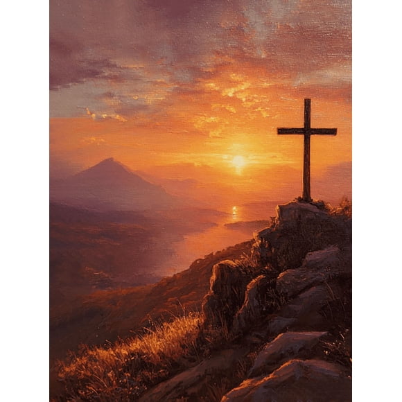 Qisvanset Christian Cross Sunset Religious Canvas Wall Art 23.62x15.75 INCHES
